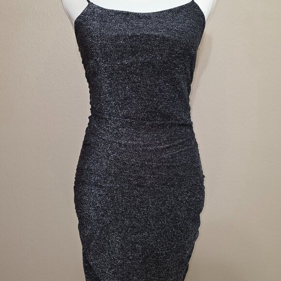 Stunning charcoal black glitter bodycon dress with thin spaghetti straps. - Picture 2 of 5